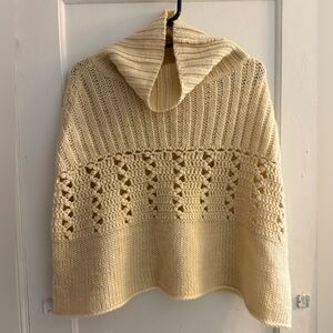Anthropologie Sleeping On Snow Womens Poncho Sweater Beige 100% Wool Crochet OS